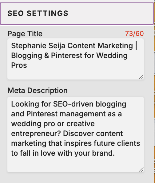 screenshot showing SEO page settings like page title and meta description